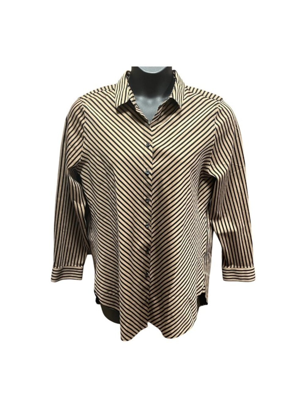 Chicos Women’s No Iron Button Front Shirt Brown Black Stripe Size 2